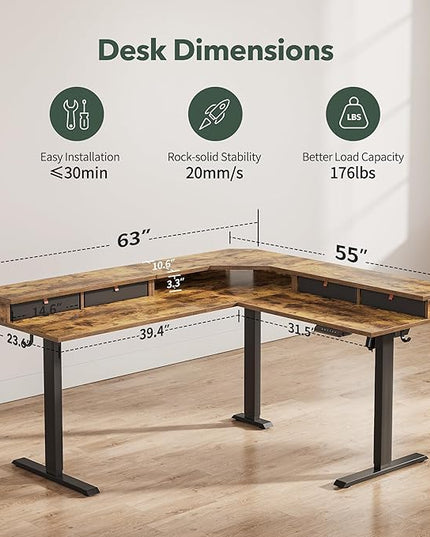 FEZIBO 63" L Shaped Standing Desk with 4 Drawers, Electric Standing Gaming Desk Adjustable Height, Corner Stand up Desk with Splice Board, Black Frame/Rustic Brown Top - LeafyLoom