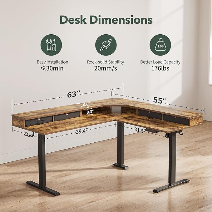 FEZIBO 63" L Shaped Standing Desk with 4 Drawers, Electric Standing Gaming Desk Adjustable Height, Corner Stand up Desk with Splice Board, Black Frame/Rustic Brown Top - LeafyLoom