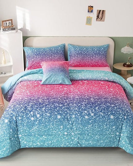 RYNGHIPY 6Pcs 3D Glitter Comforter Bedding Sets for Kids Teens Girls Women, Turquoise Blue Pink Rainbow Quilt Set Queen Size, Ultra Soft Reversible Bed in A Bag - LeafyLoom