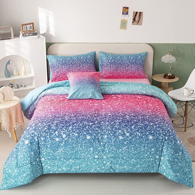 RYNGHIPY 6Pcs 3D Glitter Comforter Bedding Sets for Kids Teens Girls Women, Turquoise Blue Pink Rainbow Quilt Set Queen Size, Ultra Soft Reversible Bed in A Bag - LeafyLoom