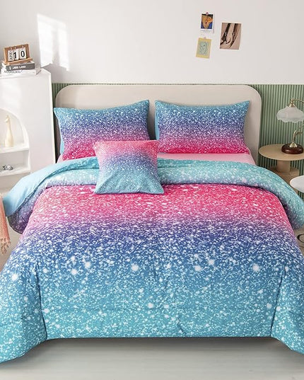 RYNGHIPY 6Pcs Gradient Glitter Bedding Set for Girls Twin Size, Colorful Rainbow All-Season Comforter Set, Ultra Soft Bedding Collections - LeafyLoom