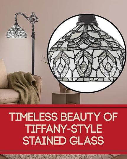 Amora Tiffany Floor Lamp - Arched, Stained Glass 62” with Foot Switch Operation and Adjustable Lamp Shade - Custom Handcrafted Floor Lamps for Living Room in White Mahogany Traditional Peacock - LeafyLoom