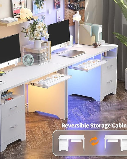 Reversible Computer Desk with File Drawers, 55 Inch Office Desk with RGB LED Light and Power Outlet, Sturdy Writing Desk with Keyboard Tray, Modern Study Table for Workstation Bedroom, White - LeafyLoom