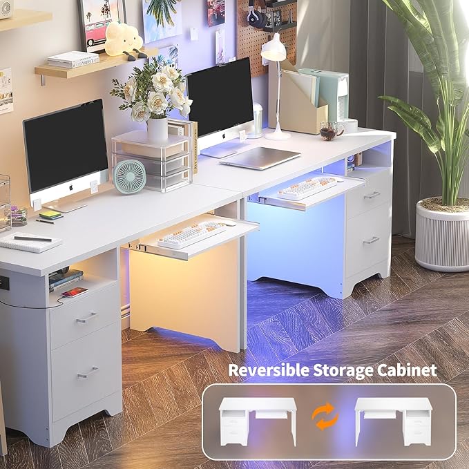 Reversible Computer Desk with File Drawers, 55 Inch Office Desk with RGB LED Light and Power Outlet, Sturdy Writing Desk with Keyboard Tray, Modern Study Table for Workstation Bedroom, White - LeafyLoom