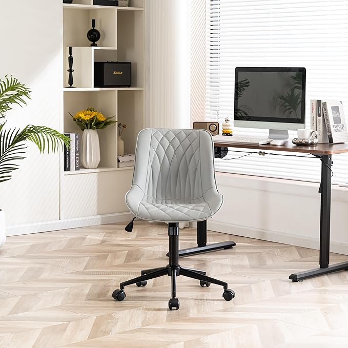YOUNIKE Desk Chair with Wheels Armless Office Chair Swivel Rolling Task Chair with Back Upholstered Faux Leather Computer Chair Height Adjustable Modern Ergonomic Seat, Loads 300 lbs, Grey - LeafyLoom