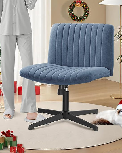 Armless Office Chair no Wheels, Ergonomic Wide Seat Swivel Desk Chair, Height Adjustable Cross Legged Comfortable Computer Chair for Living Room, Vanity Accent Chair Navyblue - LeafyLoom