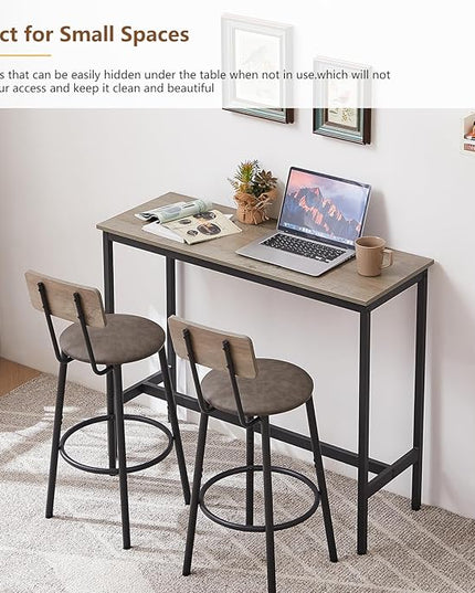 Bar Table and 2 Chairs Set, Industrial Style Bar Stools PU Upholstery Seat with Backrest, 3 Pieces Pub Dining Table Set for Kitchen, Apartment, Small Space, Gray - LeafyLoom
