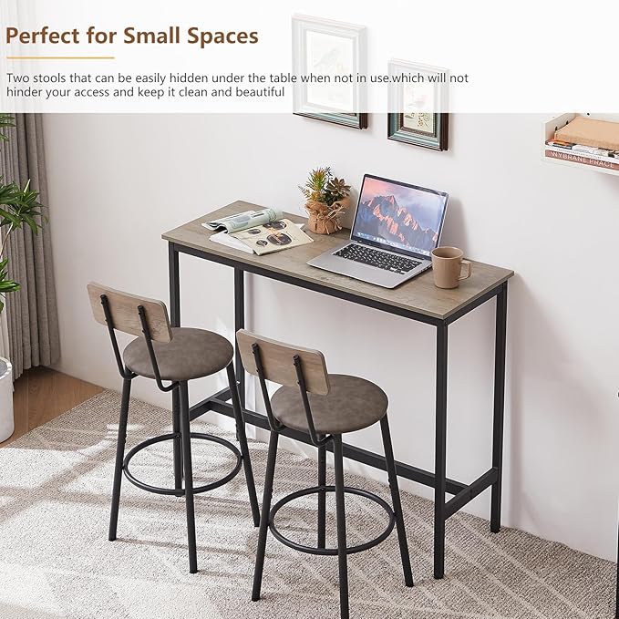 Bar Table and 2 Chairs Set, Industrial Style Bar Stools PU Upholstery Seat with Backrest, 3 Pieces Pub Dining Table Set for Kitchen, Apartment, Small Space, Gray - LeafyLoom