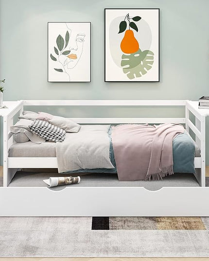 Merax Modern Wood Daybed with Twin Size Trundle and Two Foldable Shelves, Multifunction Sofa Bed Frame for Family, Kids, Teens, No Box Spring Needed, White - LeafyLoom