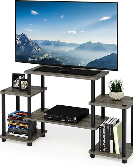 Furinno Turn-N-Tube No Tools Entertainment Center, Round Square Corner, French Oak Grey/Black - LeafyLoom