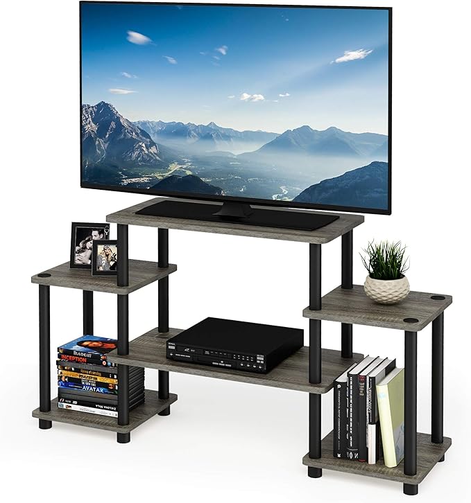 Furinno Turn-N-Tube No Tools Entertainment Center, Round Square Corner, French Oak Grey/Black - LeafyLoom