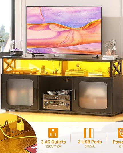 Aheaplus TV Stand for 55 60 Inch TV, Entertainment Center with LED Light & Charging Station, TV Console Table, Large Media Console Cabinet w/Soundbar Shelf, Cord Holes, for Living Room, Bedroom, Black - LeafyLoom