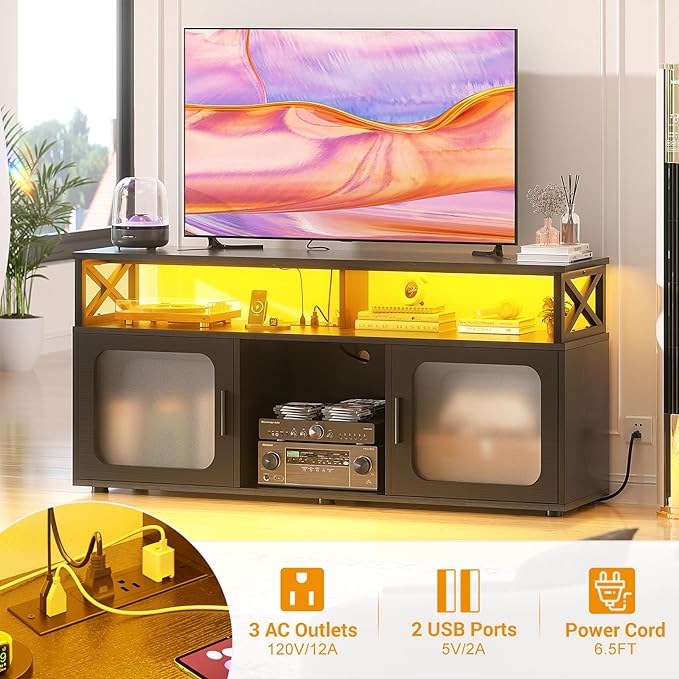 Aheaplus TV Stand for 55 60 Inch TV, Entertainment Center with LED Light & Charging Station, TV Console Table, Large Media Console Cabinet w/Soundbar Shelf, Cord Holes, for Living Room, Bedroom, Black - LeafyLoom