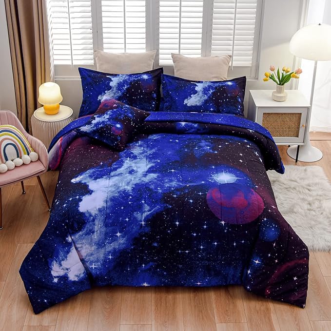 A Nice Night Galaxy 6Pcs Bedding Sets Outer Space Comforter Bed in a Bag 3D Printed Quilt,for Children Boy Girl Teen Kids,Full 6Pcs - LeafyLoom