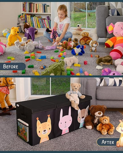 Extra Large Toy Storage Organizer with Lid - Sturdy, Collapsible Toy Chest Storage Box with Cute Design - Toys Bin with Dividers for Kids, Boys, Girls, Nursery, Bedroom, Play room 37"x16"x14" - LeafyLoom
