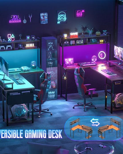 Small L Shaped Gaming Desk with Power Outlets, 48" Reversible L Shaped LED Computer Desk with Monitor Stand & Storage Shelf, Corner Gamer Desk Home Office Desk with Storage Bag, Rustic Brown - LeafyLoom