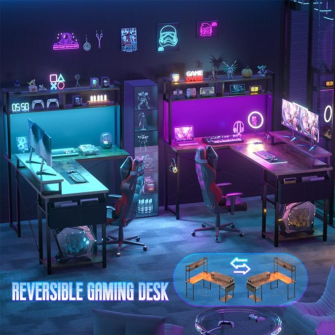 Small L Shaped Gaming Desk with Power Outlets, 48" Reversible L Shaped LED Computer Desk with Monitor Stand & Storage Shelf, Corner Gamer Desk Home Office Desk with Storage Bag, Rustic Brown - LeafyLoom
