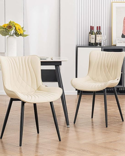YOUTASTE Dining Chairs Set of 2 Upholstered Mid Century Modern Kitchen Dining Room Chairs Armless Faux Leather Accent Chairs Metal Vanity Lounge Chair with Back for Living Room Bedrooms,Beige - LeafyLoom