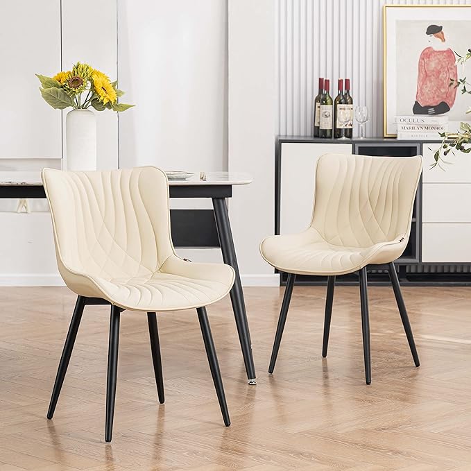 YOUTASTE Dining Chairs Set of 2 Upholstered Mid Century Modern Kitchen Dining Room Chairs Armless Faux Leather Accent Chairs Metal Vanity Lounge Chair with Back for Living Room Bedrooms,Beige - LeafyLoom