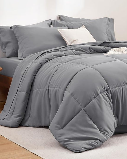 Bedsure Queen Bedding Comforter Set - 7 Pieces Solid Grey Bed in a Bag Queen, Bed Set Queen with Quilted Fluffy Comforters, Sheets, Pillowcases & Shams - LeafyLoom