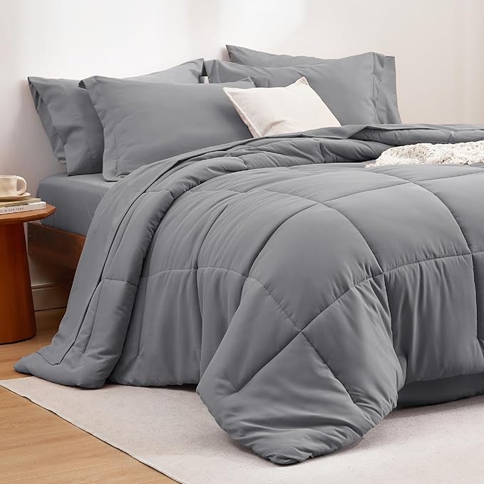 Bedsure Queen Bedding Comforter Set - 7 Pieces Solid Grey Bed in a Bag Queen, Bed Set Queen with Quilted Fluffy Comforters, Sheets, Pillowcases & Shams - LeafyLoom