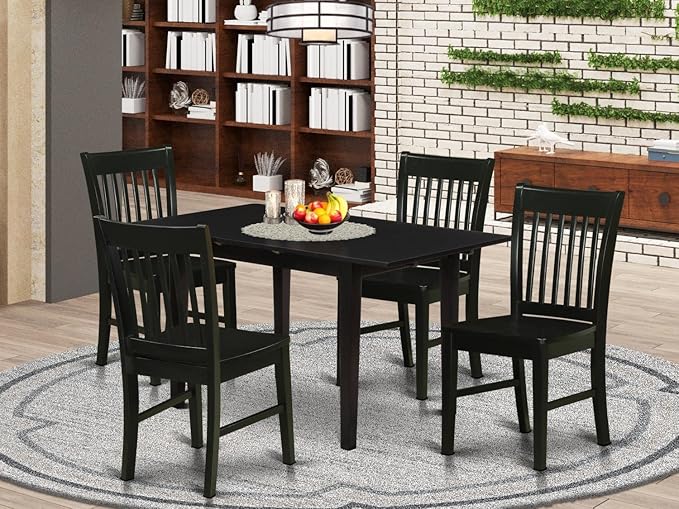 East West Furniture NOFK5-BLK-W 5 Piece Set for 4 Includes a Rectangle Kitchen Table with Butterfly Leaf and 4 Dining Room Chairs, 32x54 Inch - LeafyLoom