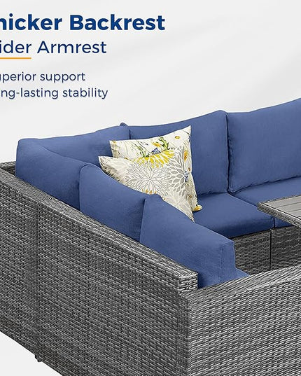 Wisteria Lane Outdoor Patio Furniture Set, 7 Piece Outdoor Dining Sectional Sofa with Dining Table and Chair, All Weather Wicker Conversation Set with Ottoman,Blue - LeafyLoom