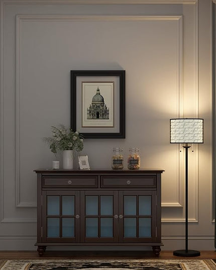 Inlight 59" High Double Shade Pull Chain Modern Floor Lamp for Living Room, Black Metal Frame and White Fabric Shade, Bulb Not Included, IN-0857-2-BK - LeafyLoom