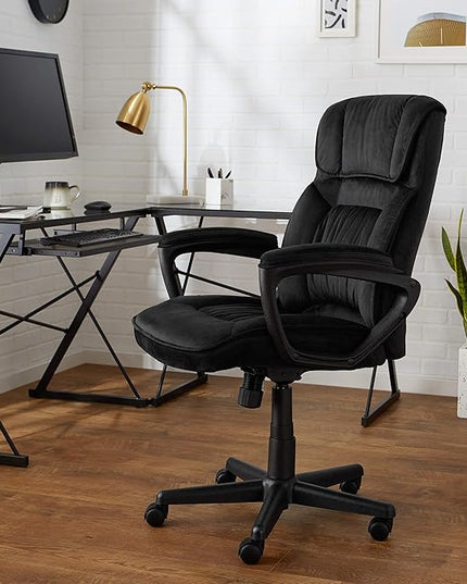 Amazon Basics Classic Office Desk Computer Chair - Adjustable, Swiveling, Ultra-Soft Microfiber, Lumbar Support, 28"D x 25"W x 43.5"H, Black - LeafyLoom