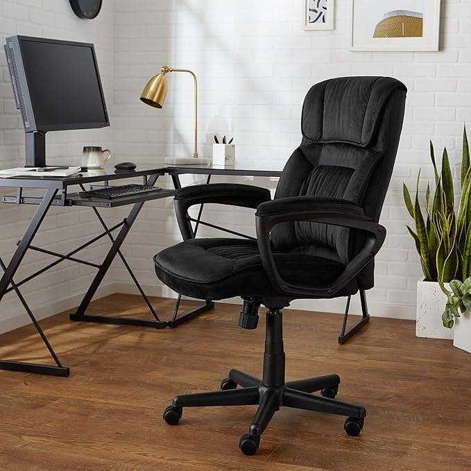 Amazon Basics Classic Office Desk Computer Chair - Adjustable, Swiveling, Ultra-Soft Microfiber, Lumbar Support, 28"D x 25"W x 43.5"H, Black - LeafyLoom