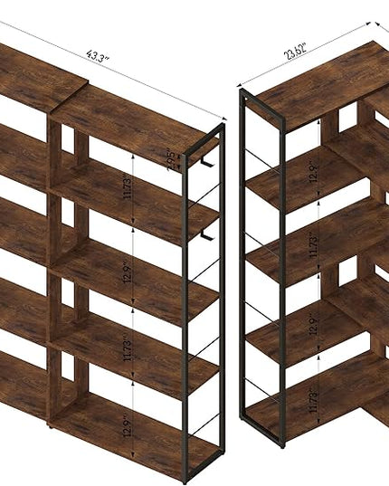 5 Tier Bookshelf Wood Bookcase with 2 Hooks Modern Corner Bookshelf Library Industrial Shelving Book Case Adjustable Book Shelves for Bedroom Living Room Home Office Rustic Brown - LeafyLoom