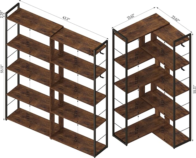 5 Tier Bookshelf Wood Bookcase with 2 Hooks Modern Corner Bookshelf Library Industrial Shelving Book Case Adjustable Book Shelves for Bedroom Living Room Home Office Rustic Brown - LeafyLoom