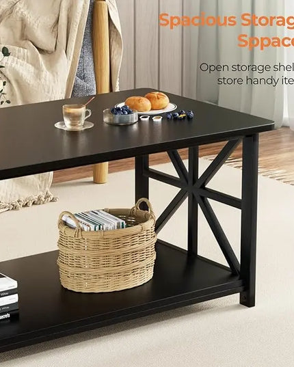 GreenForest Coffee Table with Round Corner, Farmhouse Center Table with 2-Tier Storage Shelf X-Frame Design for Living Room, 39 inch Black - LeafyLoom