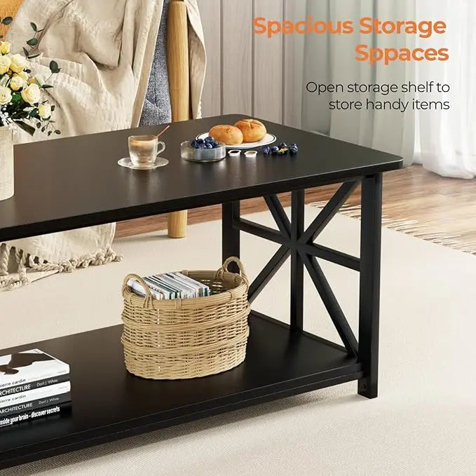 GreenForest Coffee Table with Round Corner, Farmhouse Center Table with 2-Tier Storage Shelf X-Frame Design for Living Room, 39 inch Black - LeafyLoom