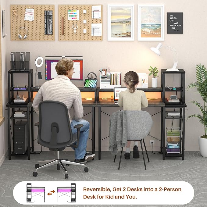 armocity 2024 Upgrade Gaming Desk with LED Lights, Small Computer Desk with Long Monitor Stand, 40'' Reversible Laptop Table with Storage Shelves, Small Desk for Small Spaces, Gaming Room, Grey - LeafyLoom