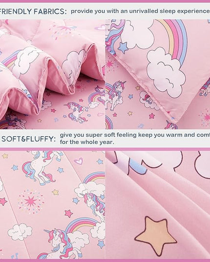 Mooreeke Kids Comforter Bed Set Twin Size for Girls, 6 Pieces Bed in a Bag with Shams, Sheet Set, Pink Unicorn Double Soft Microfiber Kids Comforter Bedding Set - LeafyLoom