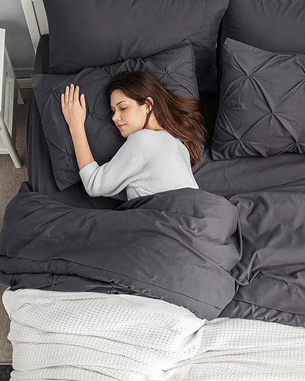 Bedsure California King Comforter Set - Cal King Bed Set 7 Pieces, Pinch Pleat Dark Grey Cali King Bedding Set with Comforter, Sheets, Pillowcases & Shams - LeafyLoom