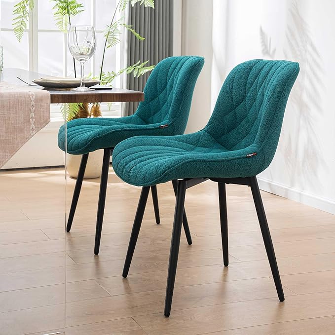 Velvet Dining Chairs Set of 2, Boucle Upholstered Dining Room Chairs with Curved Backrest for Kitchen Living Room Dining Room, Peacock Green - LeafyLoom