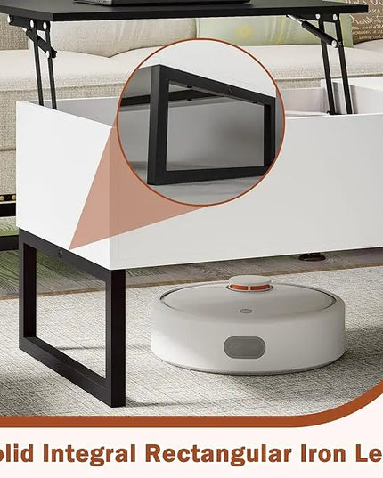 White Coffee Table with Black Lift Top - Modern Industrial Coffee Table with Lifting Top and Hide Compartment Storage - 40 Inch Rectangle Lift Coffee Tables for Living Room - LeafyLoom