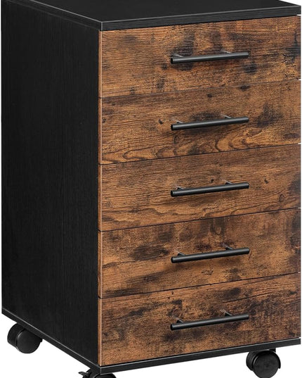 HOOBRO 5-Drawer Chest, File Cabinet, Office Cabinet, Filing Cabinet with Drawers, Wooden Cabinet with Wheels, Storage Cabinet for Makeup, for Home Office, Study, Easy Assembly, Rustic Brown BF05WJ01 - LeafyLoom