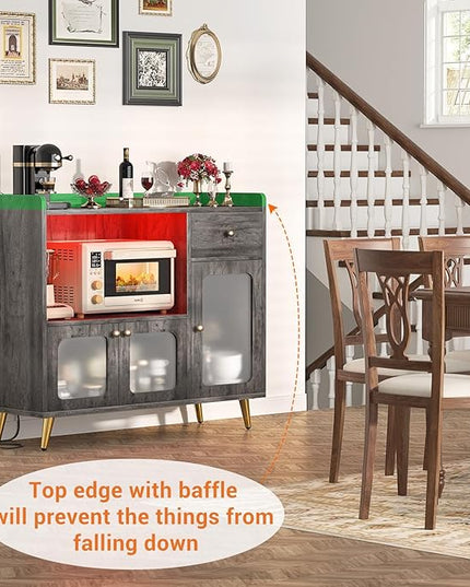 Cyclysio Sideboard Buffet Cabinet with Power Outlet, Kitchen Cabinet with LED Lights, Large Bar Cart Accent Buffet Cabinet with Door for Bedroom, Living Room, Kitchen, Hallway, Grey - LeafyLoom