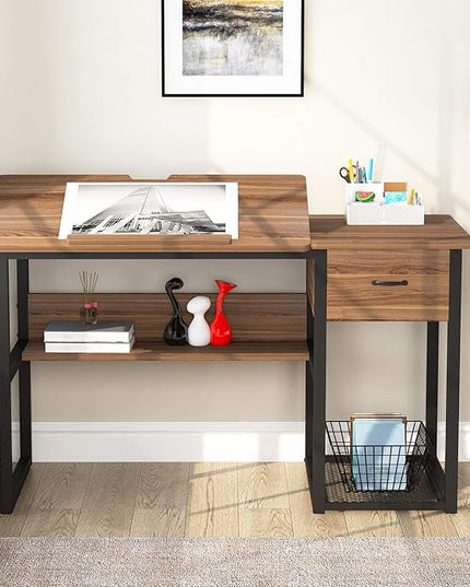 Tribesigns Drafting Table with Storage Drawers, Drawing Computer Desk Artist Craft Table Painting Desk Workstation with Shelves and Tiltable Tabletop for Students, Home Office - LeafyLoom