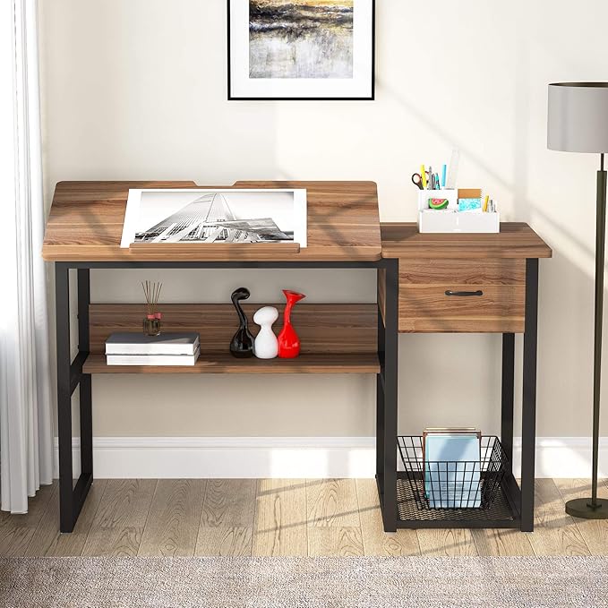 Tribesigns Drafting Table with Storage Drawers, Drawing Computer Desk Artist Craft Table Painting Desk Workstation with Shelves and Tiltable Tabletop for Students, Home Office - LeafyLoom