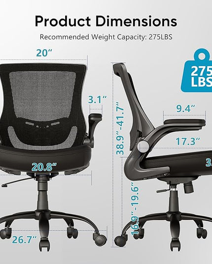 T29 Ergonomic Office Chair, Comfy Computer Desk Chair, Mesh Back Home Office Chair with PU Leather Padded, Adjustable Lumbar Support, Flip-up Arms,Swivel Wheels,Work Task Chair for Long Hours - LeafyLoom