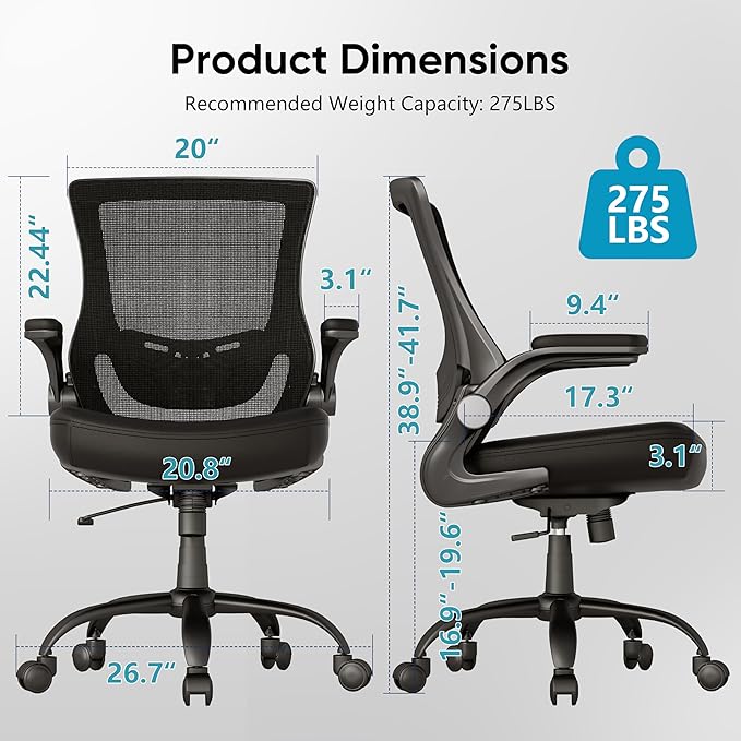 T29 Ergonomic Office Chair, Comfy Computer Desk Chair, Mesh Back Home Office Chair with PU Leather Padded, Adjustable Lumbar Support, Flip-up Arms,Swivel Wheels,Work Task Chair for Long Hours - LeafyLoom