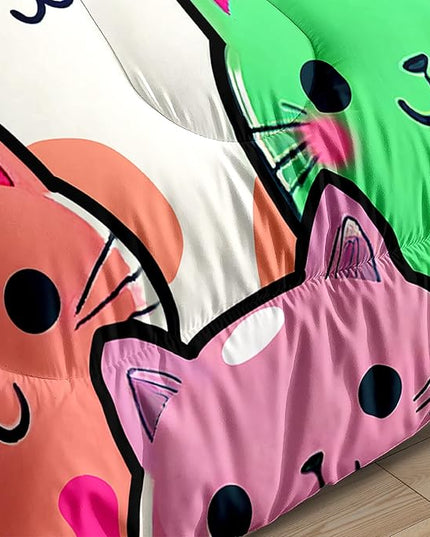 Cat Bedding Set - Full Size Comforter, 2 Pillowcases for Girls, Soft Breathable Polyester, Machine Washable, Cat Themed Bedding for Kids Room Decor, Birthday & Holiday Gift - LeafyLoom