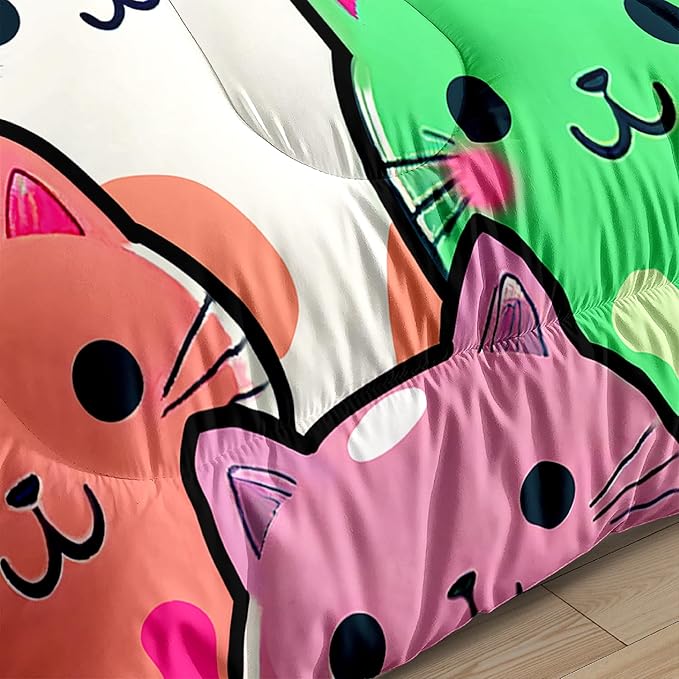 Cat Bedding Set - Full Size Comforter, 2 Pillowcases for Girls, Soft Breathable Polyester, Machine Washable, Cat Themed Bedding for Kids Room Decor, Birthday & Holiday Gift - LeafyLoom