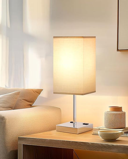 Touch Bedside Table Lamp For Nightstand - 3-Way Dimmable Night Lamp with USB A + Type C Charging Ports and two AC Outlets, Small Desk Light with E26 LED Bulb for Bedroom Living Room, GREY PLUS - LeafyLoom
