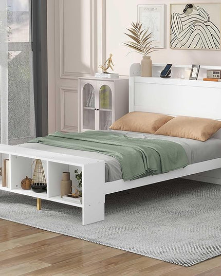 Merax Full Size Bed Frame with Storage,Kids Platform Bed with Cabinets and Shelves On Headboard and Footboard,Bookcase Headboard & USB Ports - LeafyLoom