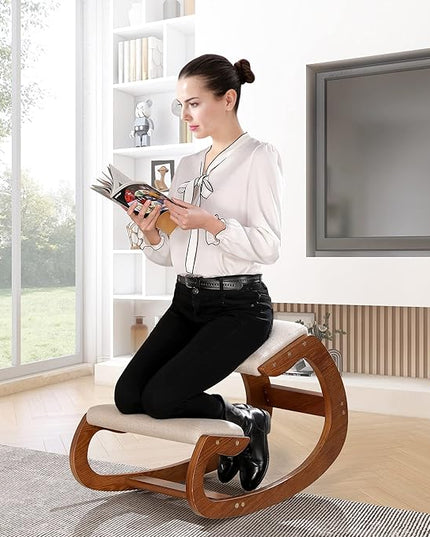 Predawn Ergonomic Kneeling Chair,Rocking Knee Chair Upright Posture Chair for Home Office Meditation Wooden & Linen Cushion-Office Chair for Back Neck Pain Relief & Improving Posture (Pecan) - LeafyLoom